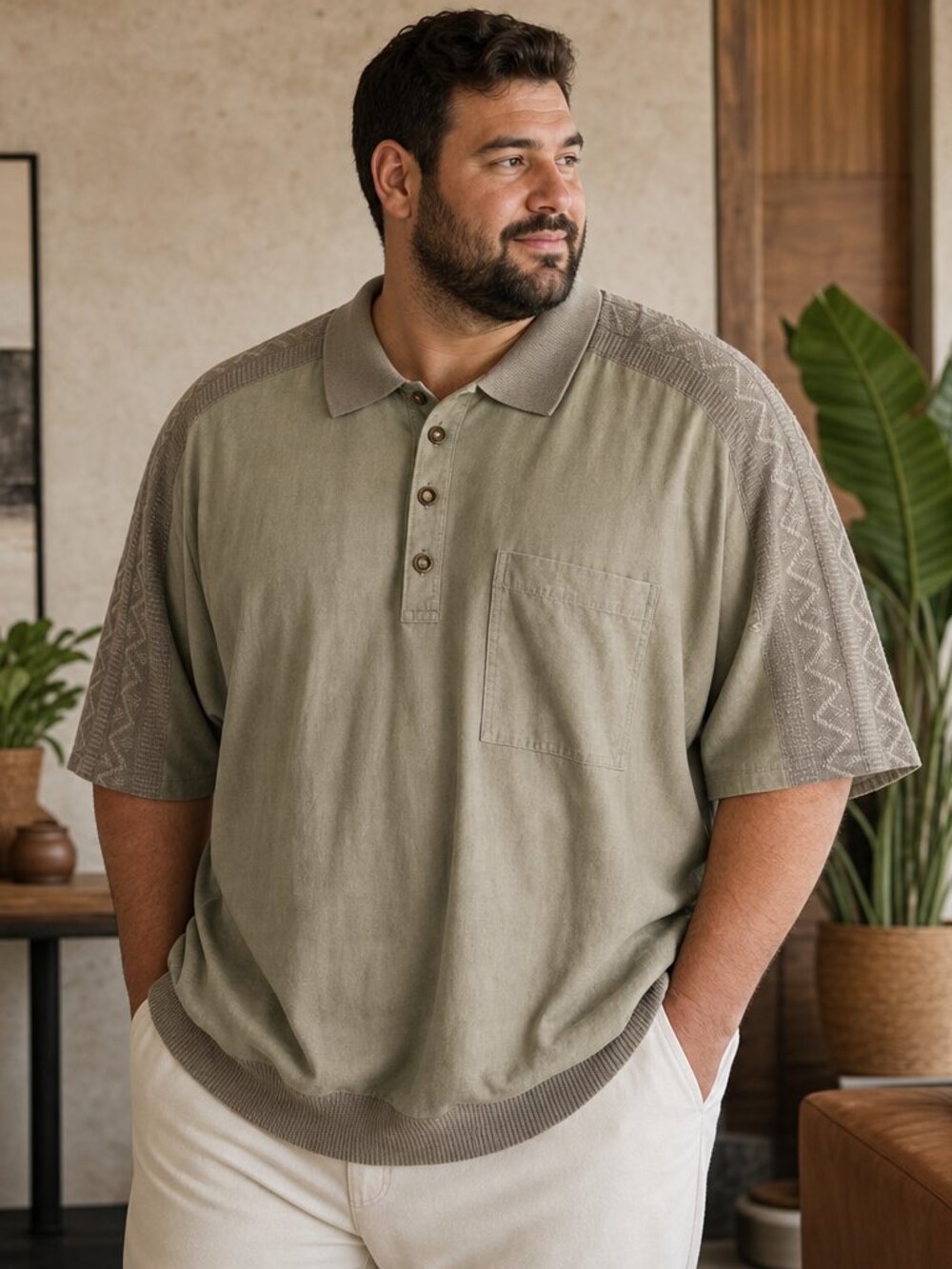 Vittorio Rocchetti Olive‑Green Textured Polo Shirt – Men’s L, Patterned Sleeves